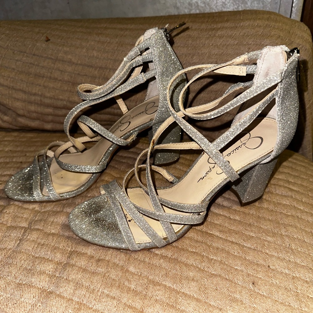 Jessica Simpson Stassey Glitter Strappy Block Heel Sandals- Silver